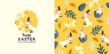 Şenlikli bahar ve Paskalya dekorasyonları ve şablon düzeni arka planı, Vektör illüstrasyonu