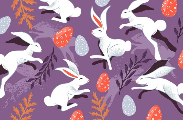 Conejos Saltando Con Huevos Pascua Decoraciones Ilustración Vectorial Primavera Pascua — Vector de stock