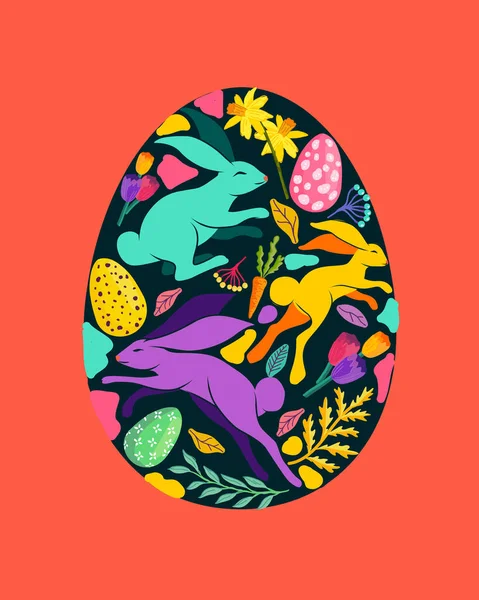 Renkli Parlak Paskalya Yumurtası Çiçek Bitki Tavşan Paskalya Yumurtalarıyla Süslenmiş — Stok Vektör
