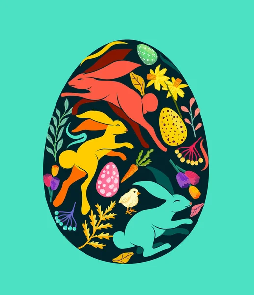 Ozdobené Velikonoční Vejce Králíky Květinovými Rostlinami Barevnými Vejci Vektorová Ilustrace — Stockový vektor