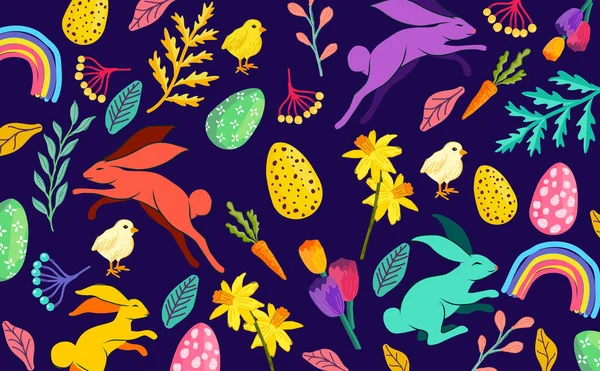 色彩艳丽 色彩艳丽的东方背景 装饰着花卉元素 兔子和巧克力蛋 矢量说明 — 图库矢量图片