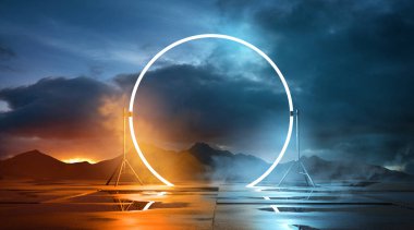 Glowing atmospheric lighting loop circle set against an outdoor landscape. Product placement b3D illustration background. clipart