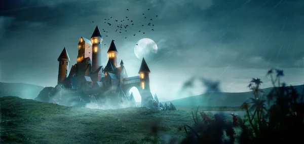 Ancient Mythical Castle Landscape Scenic Stormy Evening Fantasy Illustration — Stockfoto