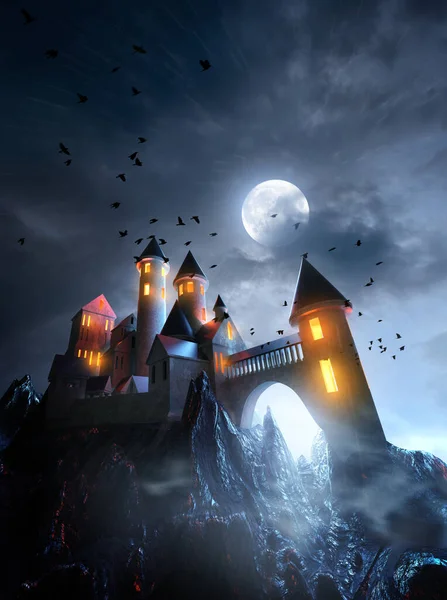 Ancient Mythical Castle Placed High Cliff Edge Storm Comes Night — Stock Photo, Image
