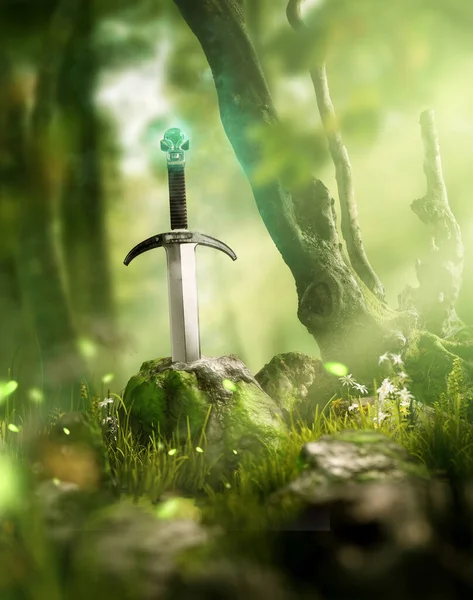 Legendary Ancient Sword Lost Undergrowth Forest Illustration — Stock Fotó