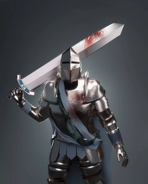 Portrait Battle Knight Carrying Heavy Sword Wearing Suit Metal Armour — Stock Photo, Image