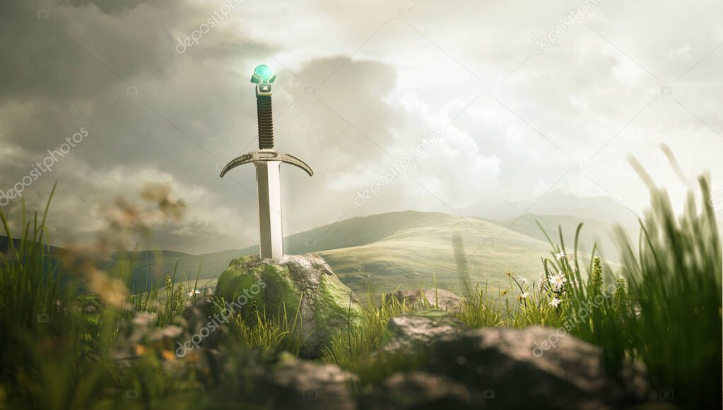 Lost Ancient powerful sword set against moss covered rocks and an epic landscape. 3D illustration.
