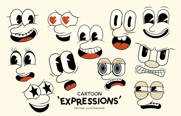 Una Colección Caras Dibujos Animados Retro Clásico Expresiones Emocionales Ilustración — Vector de stock