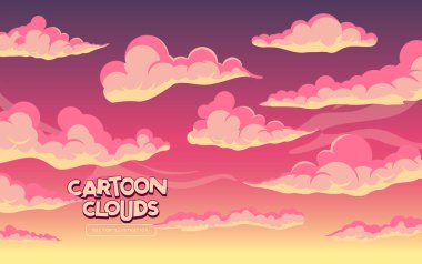 Drifting sunset pink cartoon clouds. Vector illustration.