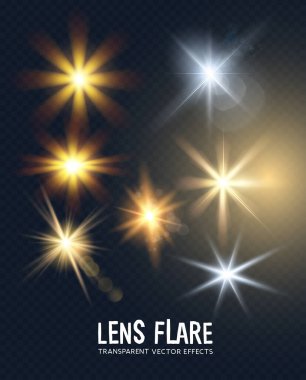A collection of lens sun flare transparent effects. Vector illustration.