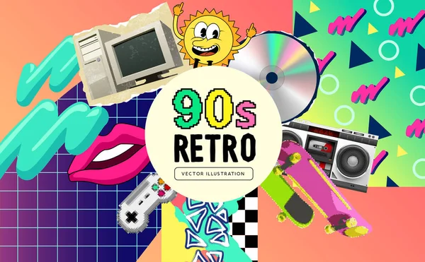 Retro Pozadí Devadesátých Let Ikonickými Objekty Vzory Devadesátých Let Vektorová — Stockový vektor