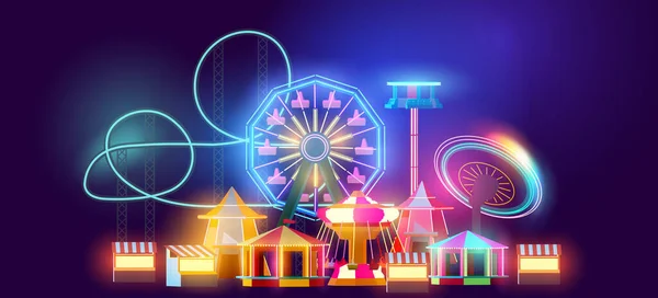 Funfair Carnival Rides Attractions Glowing Night Vector Illustration — Image vectorielle
