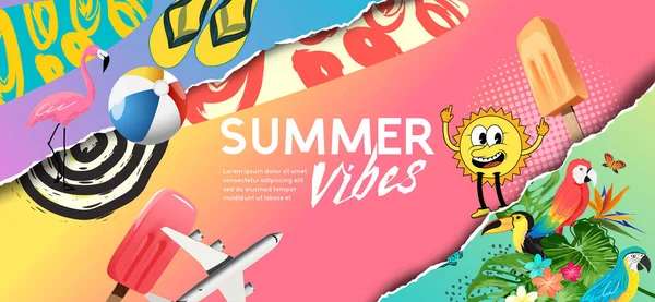 Colourful Bright Summer Collage Layout Background Vector Illustration — Stock vektor