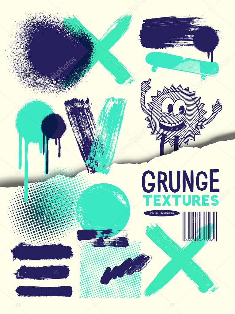 A collection of grunge paint and spray marks. Texture vector illustration.