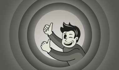 Classic end titles movie screen with a character with his thumbs up. Vector illustration.