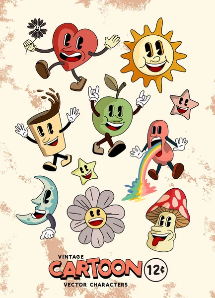 Collection Retro Style Happy Cartoon Characters Smiling Vector Illustration — 图库矢量图片