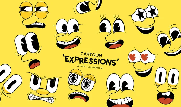 Vintage Style Cartoon Faces Emotion Expressions Vector Illustration —  Vetores de Stock