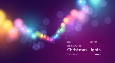 Parlak renkli noel perisi ışıkları. Bayramlık arkaplan vektörü çizimi.