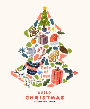 Mutlu Noel ağacı el yapımı dekorasyon tasarımları. Bitkiler, ışıklar ve şenlikli hediyeler de dahil! Vektör illüstrasyonu.