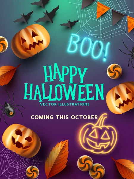 Spooky Divertente Halloween Eventi Layout Sfondo Con Zucche Pipistrelli Illustrazione — Vettoriale Stock