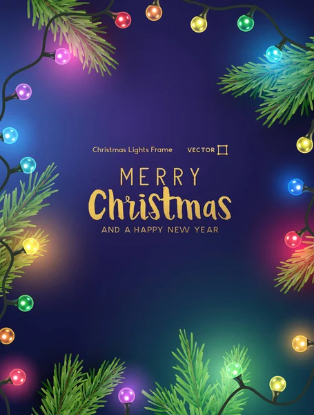 Gloeiende Heldere Kleurrijke Kerst Fee Lichte Kettingen Vakantie Achtergrond Frame — Stockvector