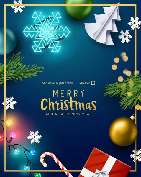 Vánoční Dekorace Pozadí Rám Slavnostními Světly Vektorová Ilustrace — Stockový vektor
