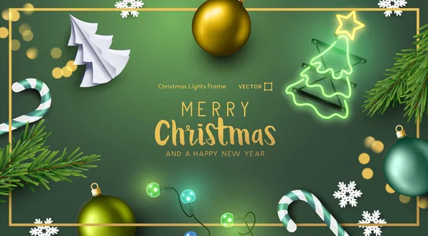 Festivo Verde Natal Celebração Fundo Layout Com Decorações Luzes Moldura — Vetor de Stock