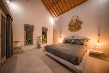 Lüks bir evde, otelde, tasarımcı yastıklarıyla modern, parlak yatak odası..