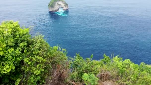 Young guy coming to edge of cliff and raising hands up. Attractive asian boy moves to edge of rocks surrounded by sea. Young man raises hands to sky standing on rocks. Guy standing on cliff — Stock Video