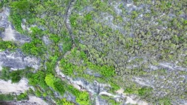 Kelingking sahilindeki bambu çitlerinin havadan çekimi. Iconic T-Rex Plajı. Tehlikeli Uçsuz bucaksız yürüyüş yolu. Açık hava Macerası