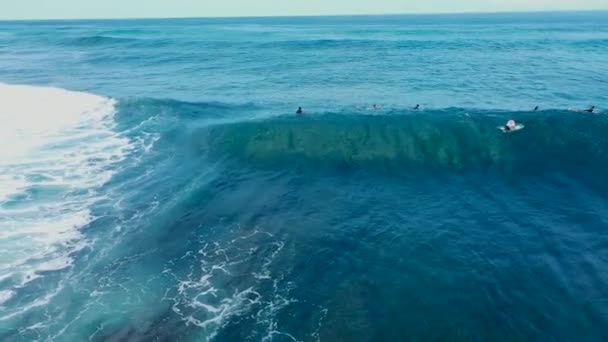 Vitality of blue energy and clear ocean water. Powerful stormy sea waves in top-down drone shot perspective. Crashing wave line in Open Atlantic sea with foamy white texture — Stock Video
