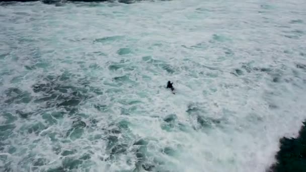 Luchtfoto: surfer peddelen in wit schuim — Stockvideo