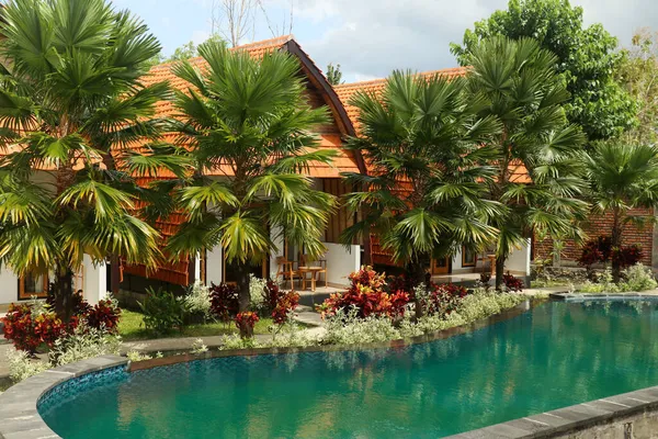 Nusa Penida 'daki tropik bungalovda basit bir yüzme havuzu..