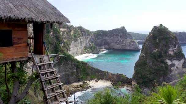 Tradiční dům na stromě. Dům na stromě na ostrově NusaPenida, Bali, Indonésie. Pohled na Indický oceán se skalními útvary Limaraja z dřevěné chatrče na stromě Rumah pohon — Stock video