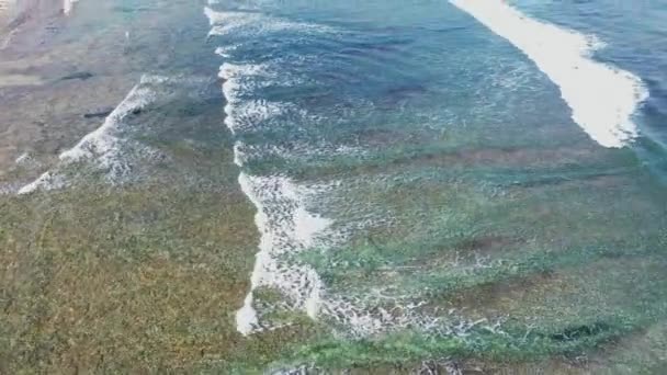 Felsige Küste mit Sandstrand aus der Luft. Meereslandschaft Meeresbrandung und tropischer Strand große Wellen türkisfarbenes Wasser zerquetschen am Strand Bali, Indonesien. Reisekonzept — Stockvideo