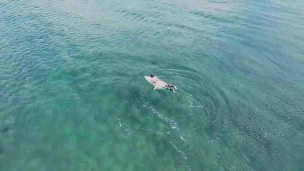 Баланганский пляж всемирно известен как парадизе серферов. Стулья на палубе. Серферы в океане. Океан и волны. Каменные скалы. Вид с воздуха. Бали Индонезия — стоковое видео
