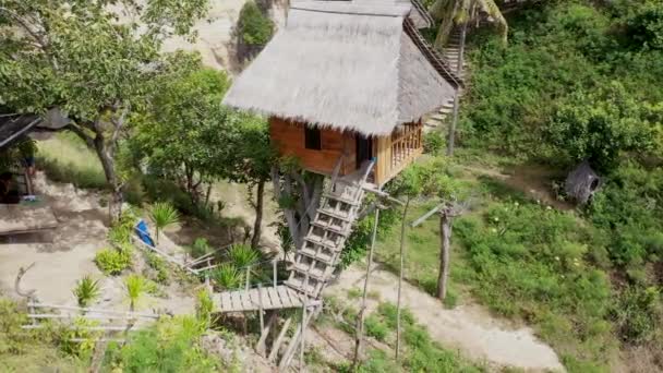 Rotación aérea alrededor de una cabaña de madera en ramas de árboles. Una vista del Océano Índico con las formaciones rocosas de Limaraja desde una casa en el árbol. Rumah Pohon Molenteng, Nusa Penida, Bali — Vídeos de Stock