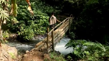 Tropikal Yağmur Ormanı 'nda, nehrin üzerindeki Bambu Köprüsü' nü geçmek. 4K hareket Geniş Açı POV Doğal Görüntü. Bali, Endonezya