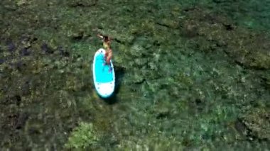 Genç bir kadın SUP sörf tahtasına binmeyi öğreniyor, dengeyi sağlayamıyor ve suya düşüyor.