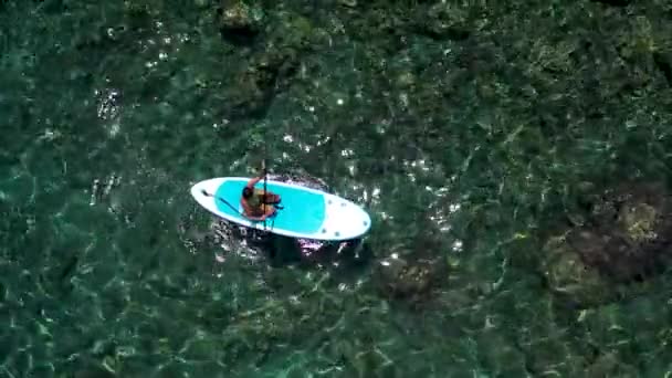 Vista aérea de chica joven de pie remando en vacaciones. Tracking shot of a young woman SUP boarding — Vídeo de stock