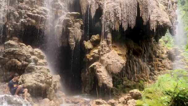 Tiro aéreo de cachoeira deslumbrante Goa Tetes em incrível desfiladeiro da selva tropical, Java Oriental, Indonésia — Vídeo de Stock