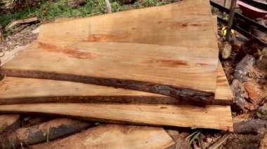 Yapımda bir depo dolusu tahta var. Planlı ahşap tahtaların deposu. Kereste fabrikasındaki tahta yığınları. Planking. Endüstri. bıçkıhanedeki paletlerin üzerinde yeni çam tahtaları paketleri