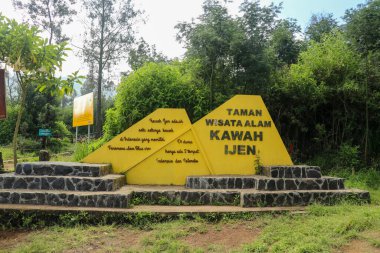 Kawah Ijen, East Java, Indonesia, 2 June, 2021. New sign monument at the entrance gate to Kawah Ijen crater