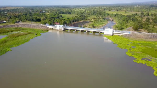 Water dam view from above, renewable energy, aerial landscape — Stock Photo, Image