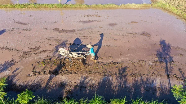 En jordbrukare plöjer en åker med en handtraktor jordbruksmaskin i en terrasserad risfält — Stockfoto