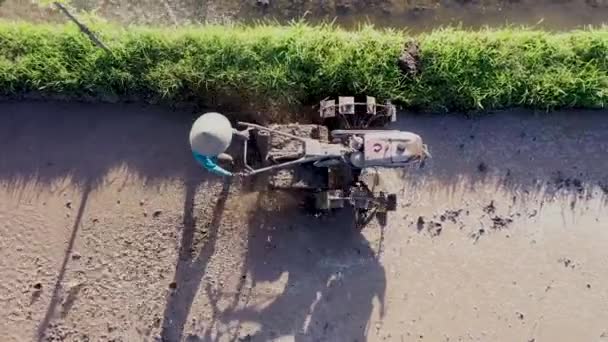 Antenn top down drönare visa odefinierad indonesisk bonde arbetar med traktor på ett ricefield — Stockvideo