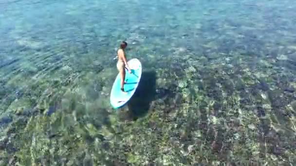 Reisepaddel Paddleboard. Sup Board Journey. Junge Frau entspannt sich beim Surfschwimmen. Wassersport Schwimmen auf Surfbrett bei Sonnenuntergang. Mädchen Stand Up Paddle Boarding. Warmer Sommer Urlaub am Strand — Stockvideo