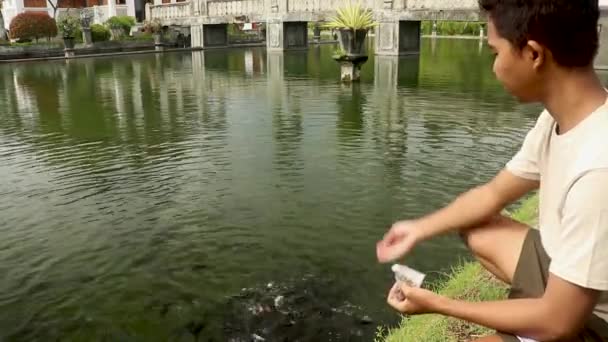 Joven asiático hombre alimentación pescado en el estanque, Bali, Indonesia — Vídeo de stock