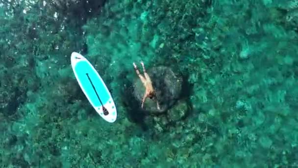 La chica nada en el mar cristalino junto a un paddleboard. Mujer con tabla SUP en mar turquesa. De arriba hacia abajo tiro aéreo — Vídeo de stock