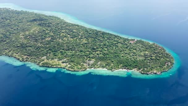 Drone clip on a beautiful beach on Mahe with turquoise blue water, rocks and palm trees in the Seychelles — Stock Video